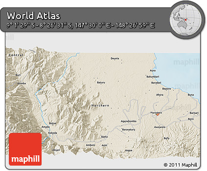 Shaded Relief 3D Map of the Area around 8° 44' 0" S, 147° 58' 29" E