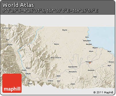 Shaded Relief 3D Map of the Area around 8° 44' 0" S, 147° 58' 29" E