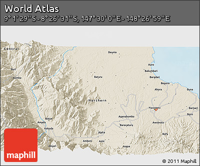 Shaded Relief 3D Map of the Area around 8° 44' 0" S, 147° 58' 29" E