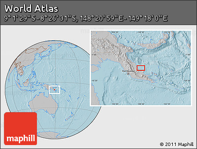 Gray Location Map of the Area around 8° 44' 0" S, 148° 49' 29" E, hill shading