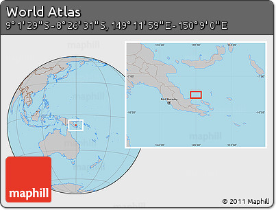 Gray Location Map of the Area around 8° 44' 0" S, 149° 40' 30" E