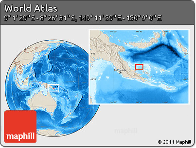 Shaded Relief Location Map of the Area around 8° 44' 0" S, 149° 40' 30" E