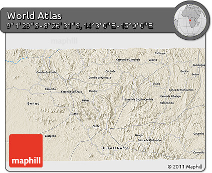 Shaded Relief 3D Map of the Area around 8° 44' 0" S, 14° 31' 30" E