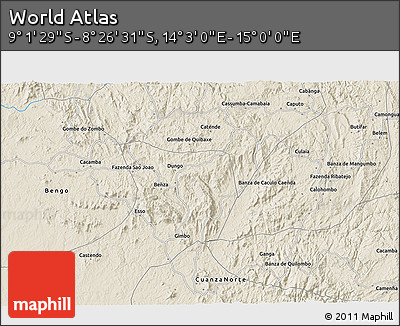 Shaded Relief 3D Map of the Area around 8° 44' 0" S, 14° 31' 30" E