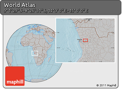 Gray Location Map of the Area around 8° 44' 0" S, 14° 31' 30" E, hill shading