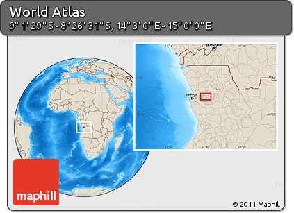 Shaded Relief Location Map of the Area around 8° 44' 0" S, 14° 31' 30" E