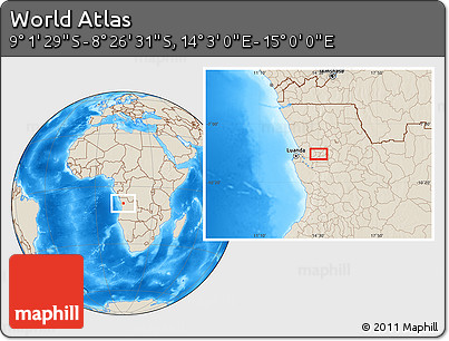 Shaded Relief Location Map of the Area around 8° 44' 0" S, 14° 31' 30" E