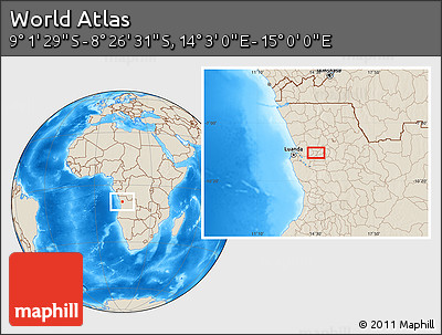 Shaded Relief Location Map of the Area around 8° 44' 0" S, 14° 31' 30" E