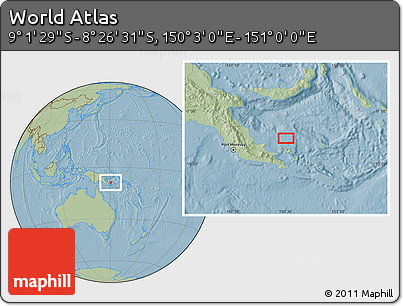 Savanna Style Location Map of the Area around 8° 44' 0" S, 150° 31' 30" E, hill shading