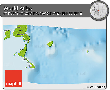 Physical 3D Map of the Area around 8° 44' 0" S, 151° 22' 30" E