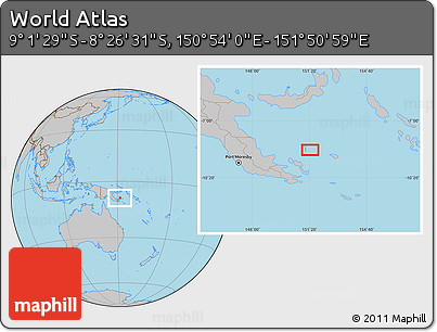 Gray Location Map of the Area around 8° 44' 0" S, 151° 22' 30" E