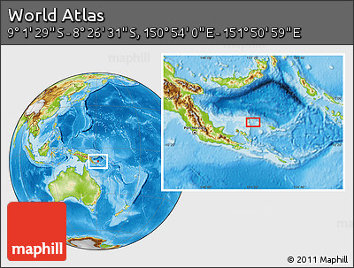 Physical Location Map of the Area around 8° 44' 0" S, 151° 22' 30" E