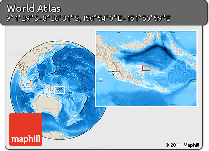 Shaded Relief Location Map of the Area around 8° 44' 0" S, 151° 22' 30" E