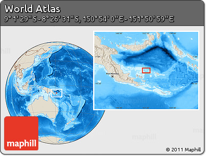 Shaded Relief Location Map of the Area around 8° 44' 0" S, 151° 22' 30" E