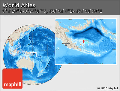 Shaded Relief Location Map of the Area around 8° 44' 0" S, 151° 22' 30" E