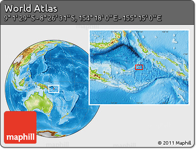 Physical Location Map of the Area around 8° 44' 0" S, 154° 46' 30" E