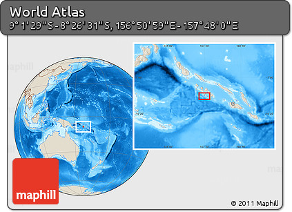 Shaded Relief Location Map of the Area around 8° 44' 0" S, 157° 19' 29" E