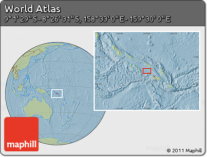 Savanna Style Location Map of the Area around 8° 44' 0" S, 159° 1' 30" E, hill shading