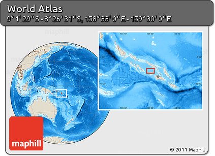 Shaded Relief Location Map of the Area around 8° 44' 0" S, 159° 1' 30" E