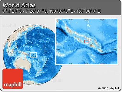 Shaded Relief Location Map of the Area around 8° 44' 0" S, 159° 1' 30" E