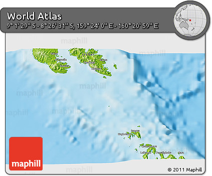 Physical 3D Map of the Area around 8° 44' 0" S, 159° 52' 30" E