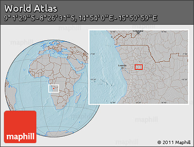 Gray Location Map of the Area around 8° 44' 0" S, 15° 22' 30" E, hill shading