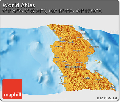 Political 3D Map of the Area around 8° 44' 0" S, 160° 43' 29" E