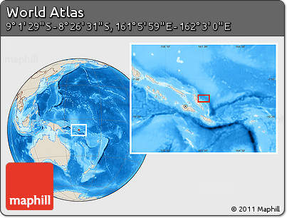 Shaded Relief Location Map of the Area around 8° 44' 0" S, 161° 34' 29" E