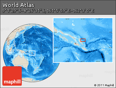 Shaded Relief Location Map of the Area around 8° 44' 0" S, 161° 34' 29" E
