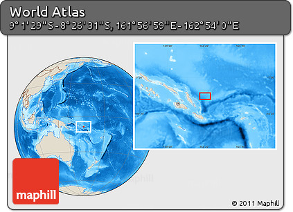 Shaded Relief Location Map of the Area around 8° 44' 0" S, 162° 25' 30" E