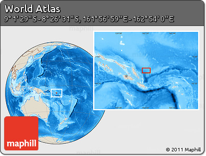 Shaded Relief Location Map of the Area around 8° 44' 0" S, 162° 25' 30" E