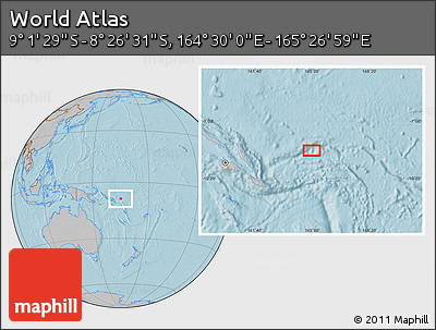 Gray Location Map of the Area around 8° 44' 0" S, 164° 58' 29" E, hill shading