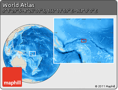 Shaded Relief Location Map of the Area around 8° 44' 0" S, 166° 40' 30" E