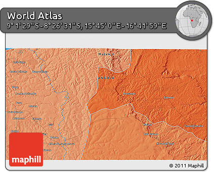 Political 3D Map of the Area around 8° 44' 0" S, 16° 13' 30" E