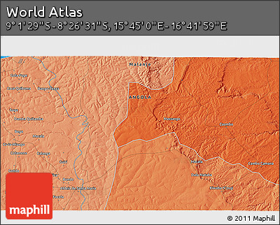 Political 3D Map of the Area around 8° 44' 0" S, 16° 13' 30" E