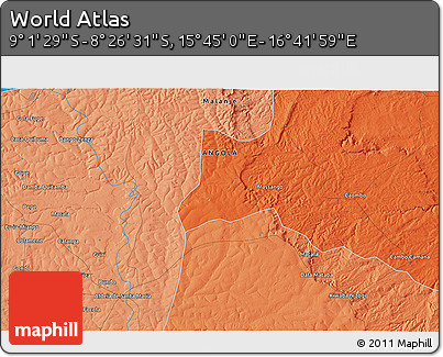 Political 3D Map of the Area around 8° 44' 0" S, 16° 13' 30" E