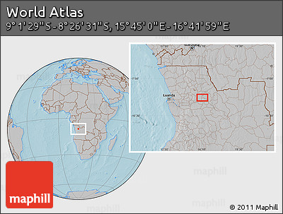 Gray Location Map of the Area around 8° 44' 0" S, 16° 13' 30" E, hill shading