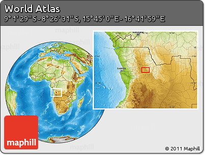 Physical Location Map of the Area around 8° 44' 0" S, 16° 13' 30" E