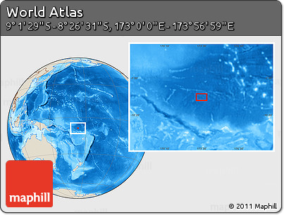 Shaded Relief Location Map of the Area around 8° 44' 0" S, 173° 28' 29" E
