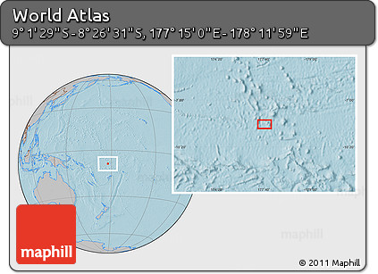 Gray Location Map of the Area around 8° 44' 0" S, 177° 43' 29" E, hill shading