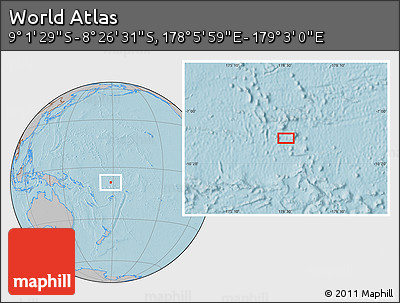 Gray Location Map of the Area around 8° 44' 0" S, 178° 34' 29" E, hill shading
