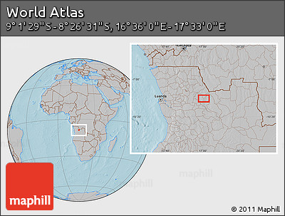 Gray Location Map of the Area around 8° 44' 0" S, 17° 4' 30" E, hill shading