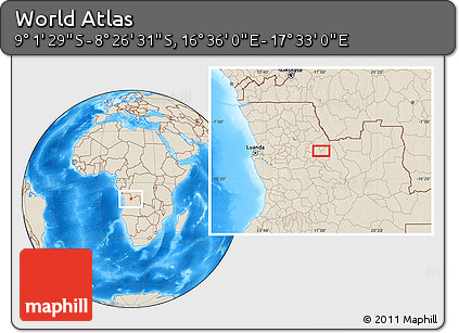 Shaded Relief Location Map of the Area around 8° 44' 0" S, 17° 4' 30" E