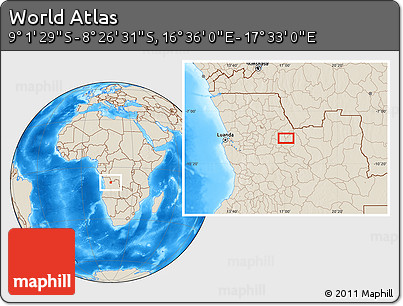 Shaded Relief Location Map of the Area around 8° 44' 0" S, 17° 4' 30" E