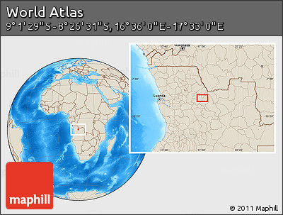 Shaded Relief Location Map of the Area around 8° 44' 0" S, 17° 4' 30" E