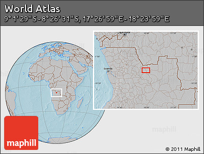 Gray Location Map of the Area around 8° 44' 0" S, 17° 55' 29" E, hill shading