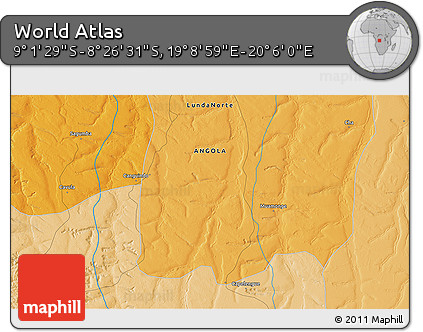 Political 3D Map of the Area around 8° 44' 0" S, 19° 37' 30" E