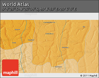 Political 3D Map of the Area around 8° 44' 0" S, 19° 37' 30" E