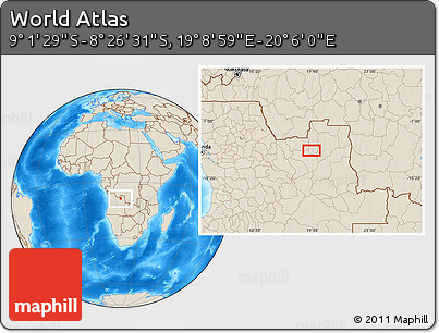 Shaded Relief Location Map of the Area around 8° 44' 0" S, 19° 37' 30" E