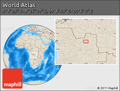 Shaded Relief Location Map of the Area around 8° 44' 0" S, 19° 37' 30" E